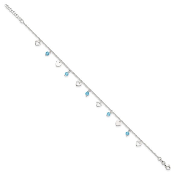 925 Sterling Silver 9" Heart Charm and Blue Glass Plus1" ext. Jewelry Anklet - Picture 3 of 8